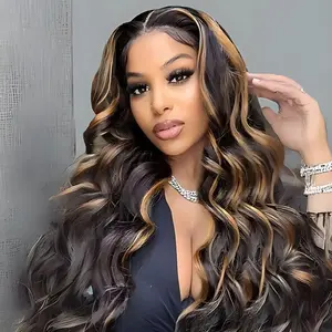 AFRIBYE 13x6 Highlight Body Wave Lace Front Wig 200% Density Brazilian Virgin Hair Pre-Plucked Natural Hairline Extra Long Luxury Look
