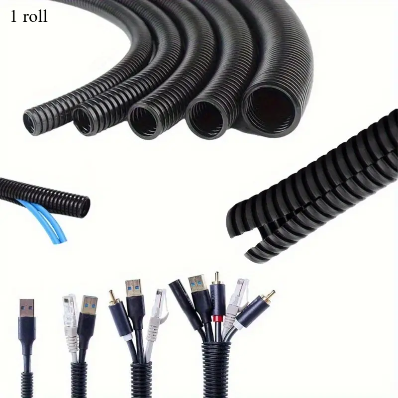 2 Meters Divided Corrugated Pipe, Black Corrugated Pipe, Cable Protection Pipe, Cable Finishing Pipe, Used for Home TV Cables, Wires, Garden Lights, Outdoor, Installation