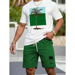 Men's Letter & Tropical Palm Tree Print Round Neck Short Sleeve Casual Fitted T-Shirt Set with Belted Shorts, Perfect for Vacation Wear, Comfortable