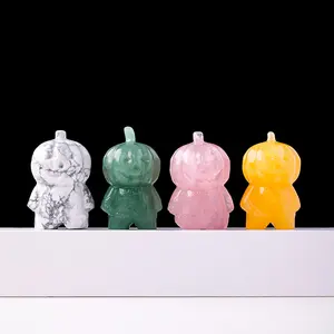 Natural Crystal Pumpkin Doll Carving Ornament, Healing Gemstone Halloween Decor, Unique Home Decoration Accessory