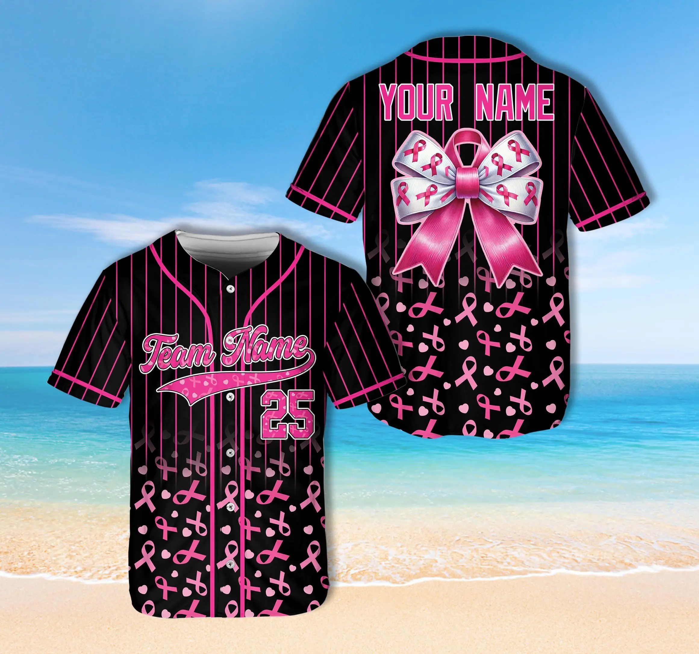 Personalized Name Breast Cancer Awareness Baseball Jersey, Custom Pink Ribbon Bow Baseball Jersey Support Gift for Cancer Survivors Warriors