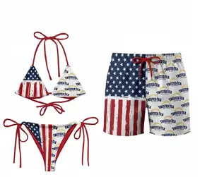 Fun Twisted Tea USA Flag Couple Swimsuit Set, Matching Patriotic Bathing Suits, Summer Party Outfits, American Flag Bikini & Shorts