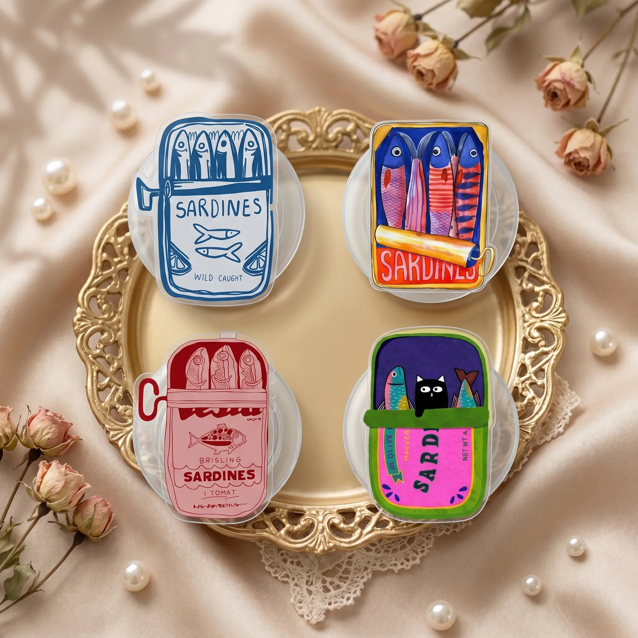 Sardine Can Magnetic Acrylic Phone Grip, Retro Tinned Fish Phone Holder, Vintage Food Art Preppy Summer Accessory