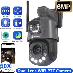 50x Zoom 6MP Dual-Lens Dual-View PTZ Camera 50x Optical Zoom Outdoor WiFi Surveillance 3K Human Detection Wireless Remote CCTV Security System with Audio Lights SD Card Slot