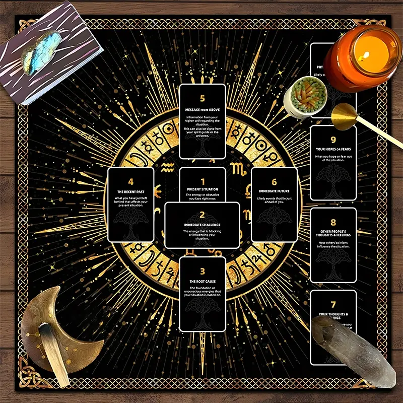 1pc Mystic Celestial Tarot Square Altar Cloth Golden Zodiac Motifs Mystical Tablecloth, Celestial Designs, Decorative Use Tarot Card Spread Reading Cloth, Trippy Polyester Tapestry Wall Hanging, Wall Tapestries, Gift for Tarot Card Novice, Halloween