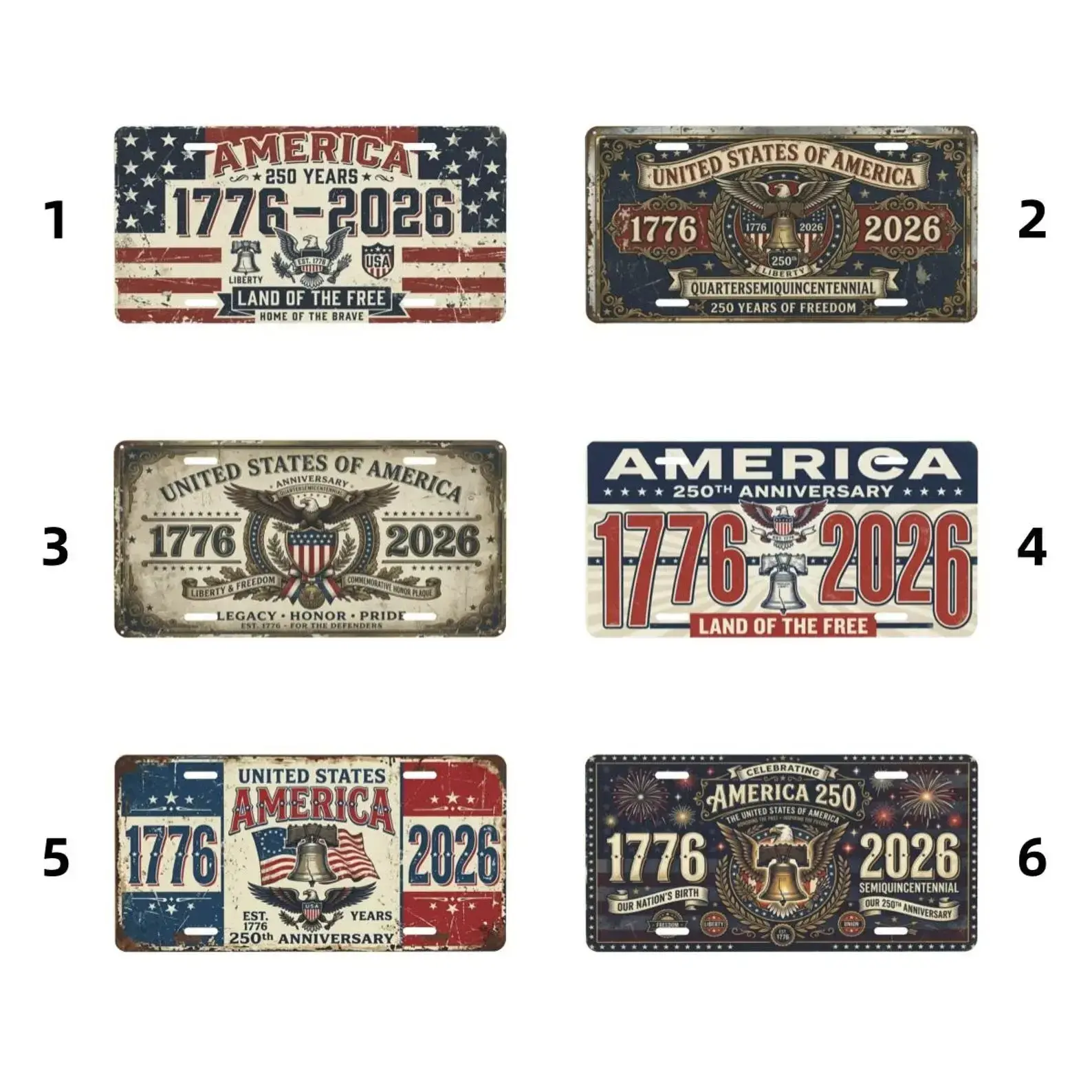 Vintage Patriotic USA 1776-2026 250th Anniversary Automotive Classic License Plate, Decorative Metal Front Tag, Historic Theme Car Exterior Accessory for Patriots’ Independence Day