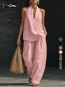 Women's Summer V-Neck Sleeveless Top and Wide Leg Pants Set, Casual Vacation, Solid Color Two-Piece Ensemble, Comfortable and Stylish, Outfit