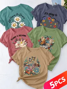 Women's 5-Pack Casual Crew Neck T-Shirt, Womenswear, Daisy Slogan, Floral Slogan, Multiple Colors Available, Machine Washable, Spring & Summer Top, Soft Skin-Friendly Fabric, Daily Versatile, Fashion Design