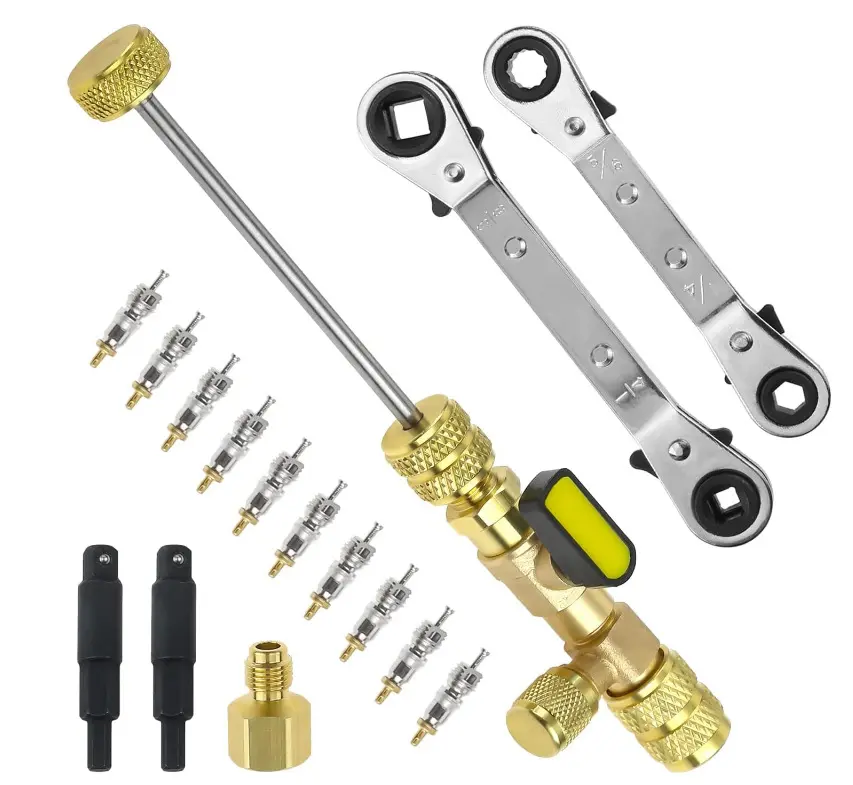 Valve Core Remover Installer Tool & Service Wrench Set, 1 Set Easy-to-Use Copper Alloy Kit with 1/4 & 5/16 Port Brass Adapter, Waterproof, Sealing, Oil-Resistant, Refrigerant-Free Removal for Home Refrigeration Equipment