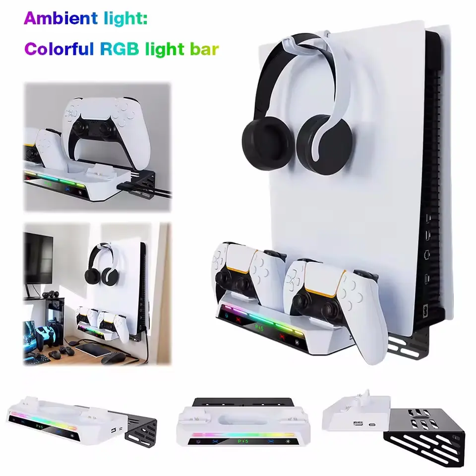 Wall Mount Game Stand For Sony PS5 Console Playstation PS 5 Slim Pro Support Base Holder Controller Charger Dual Controllers Control Charging Play Station Dock Gamepad Gaming Accessories RGB Cradle Gaming Peripherals