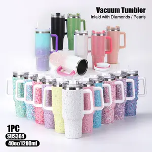 40oz Stainless Steel Car Cup with Handle, Diamond/pearl Decor, Vacuum Insulated, Thermal Flask, with Straw, Large Capacity, Suitable for Men and Women, Tumbler