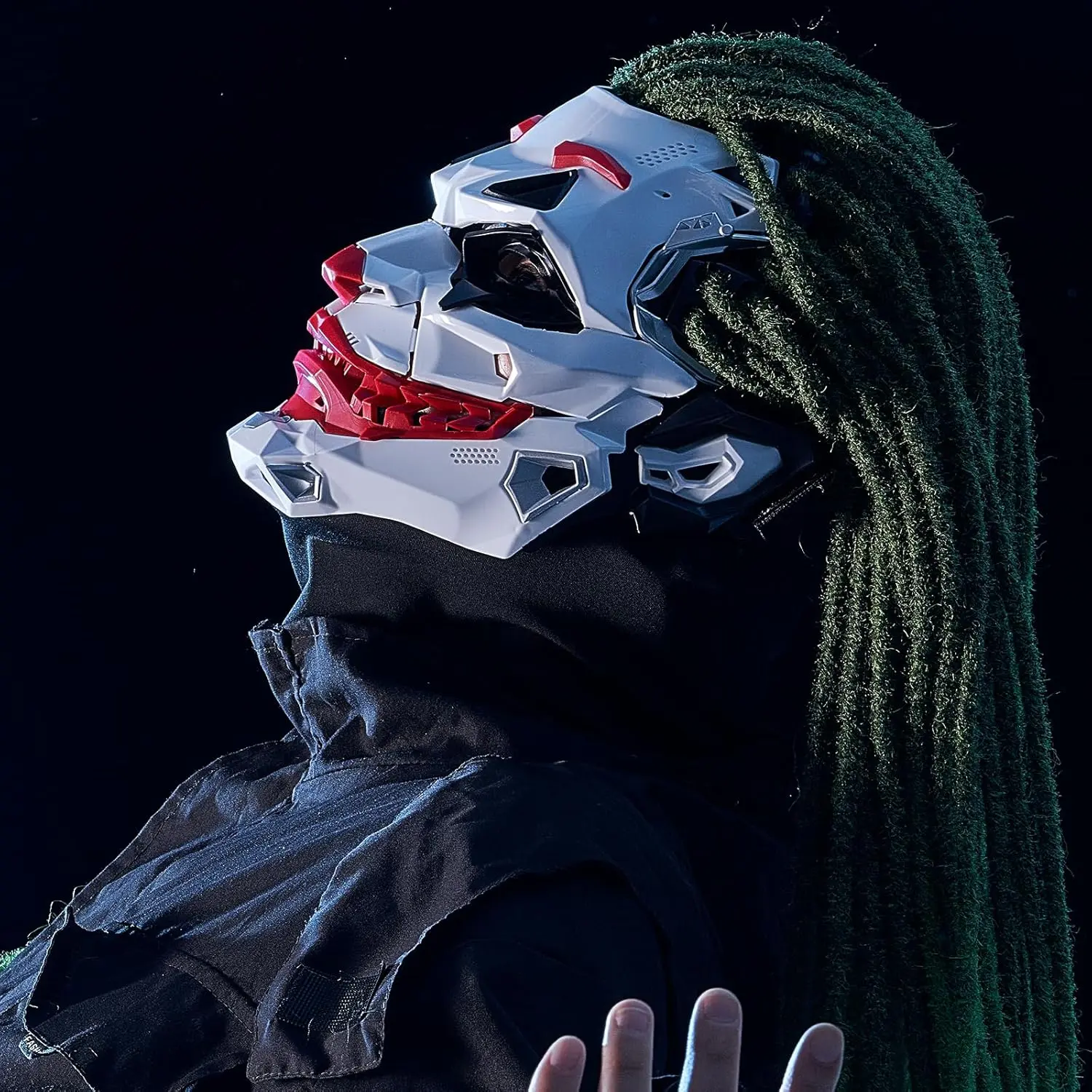 Cyberpunk Clown Full Face Plastic Mask with Green Dreadlocks Wig, Bold Red Accents, Dramatic Facial Contours, Ventilation, Secure Adjustable Strap, Comfortable Mechanical Geometric Hard Cover Party Costume Accessory for Halloween Cosplay, Club Dress Up