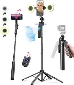 Yeaki 5-in-1 71in Adjustable Bluetooth Cellphone Tripod with Light, 360° Rotating Stand, Rechargeable Remote with Button, for TikTok Vlog Recording, Compatible with iPhone, Android, Camera, GoPro, Ring Light, Portable Selfie Stick