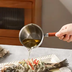 300ML Mini household portable solid wood handle oil pan - high temperature resistance and strong thermal conductivity - multi-purpose kitchen pot Tempura Frying Pot
