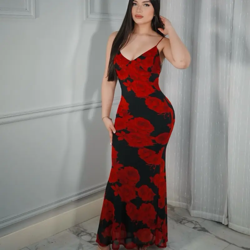 Romantic Floral Maxi Dress - Red Roses on Black Fabric, V Neck, Spaghetti Straps, Flowy Design