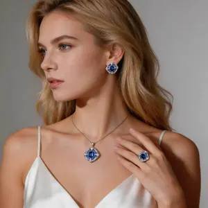 New women’s jewelry set: copper silver-plated pendant necklace with imitation sapphire, simulated gemstone rhinestone ring, and all-diamond stud earrings