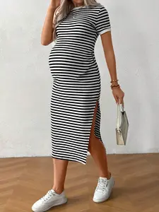 Summer Comfortable Casual Versatile Maternity Striped Dress, Slim Fit Hip-hugging Skirt for Pregnant Women, Maternity Outfits, Maternity Clothes, Pregnancy Clothes