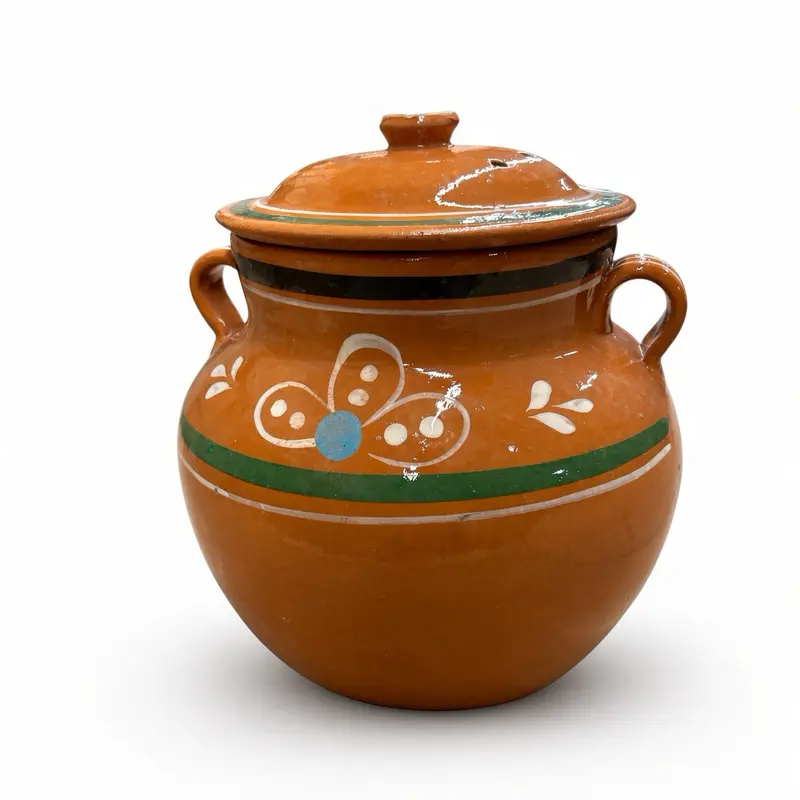 Food Safe Mexican Clay Bean Pot W/Lid, Olla De barro Frijolera Decorada Con Tapa, Cazuela Tradicional Large Cookware Traditional Classic, (1-1.25Gallon) (Olla Michoacan) (Made In Mexico)