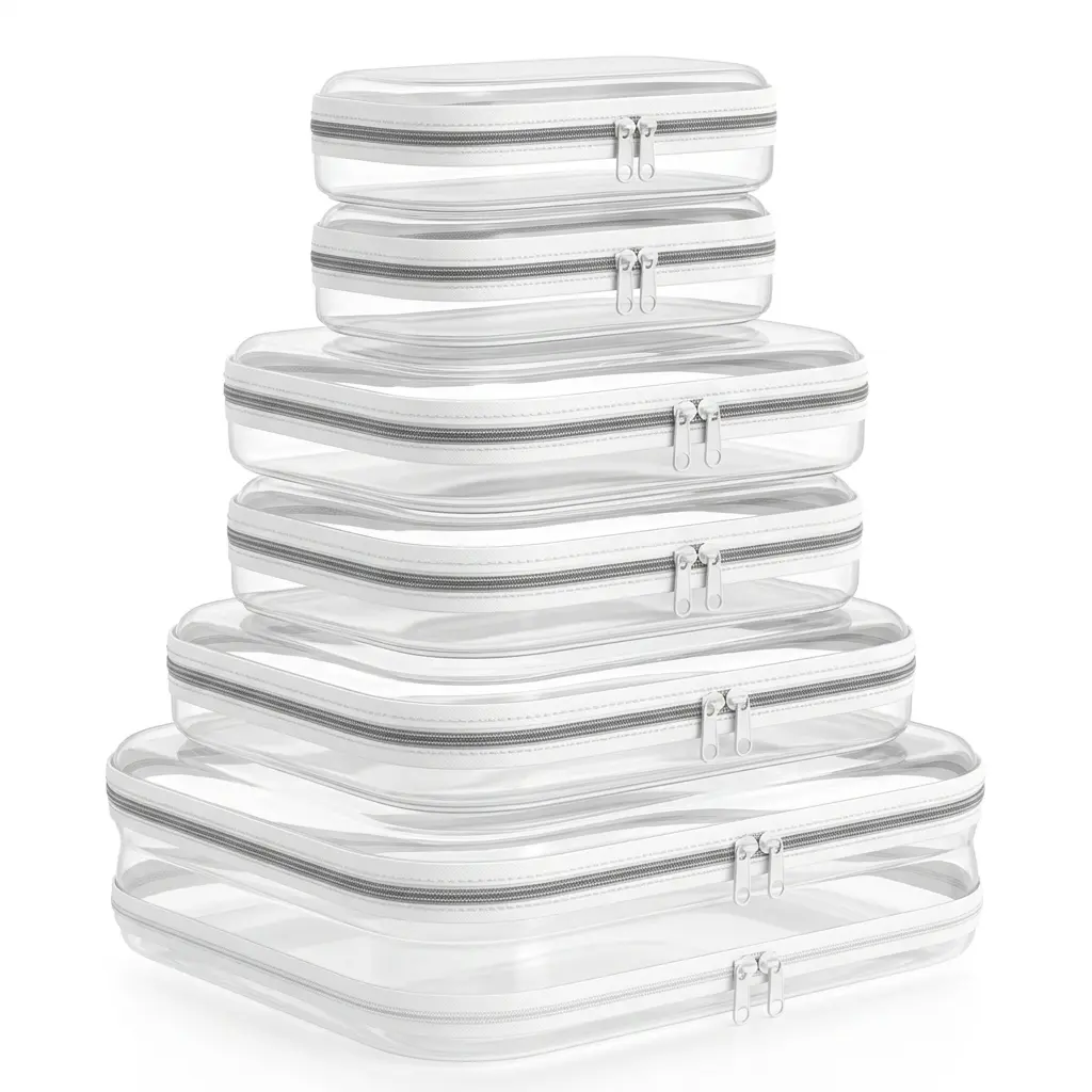6 Pack Clear Hard Shell Storage Bins, Waterproof Dustproof Double Zipper PVC Cases, Portable Clothes Organizer for Travel, Toy Storage Bag for Kids, Book Pouch for Backpack, Mother's Day Gift for Mom, Memorial Day Essentials, Summer Family Organizer