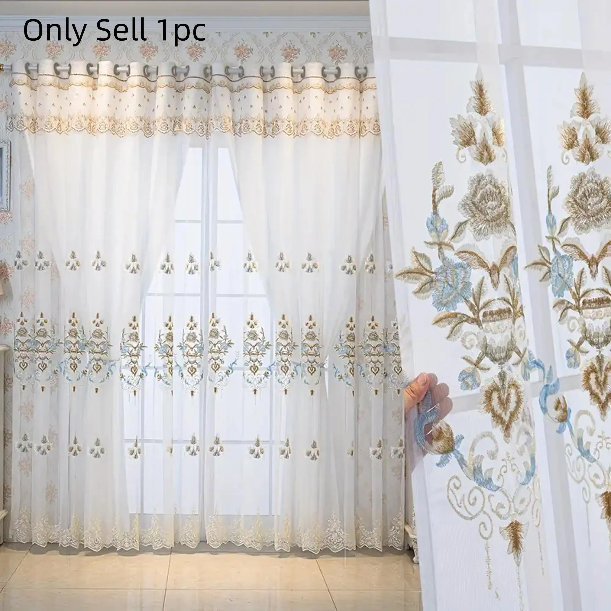 1pc Luxury Embroidered Sheer Polyester Curtain with UV Protection, Ring Top Hanging Drapes for Bedroom Living Room Office, Soft Light Filtering Privacy Decor, Home Decorative Curtain, Window Curtain