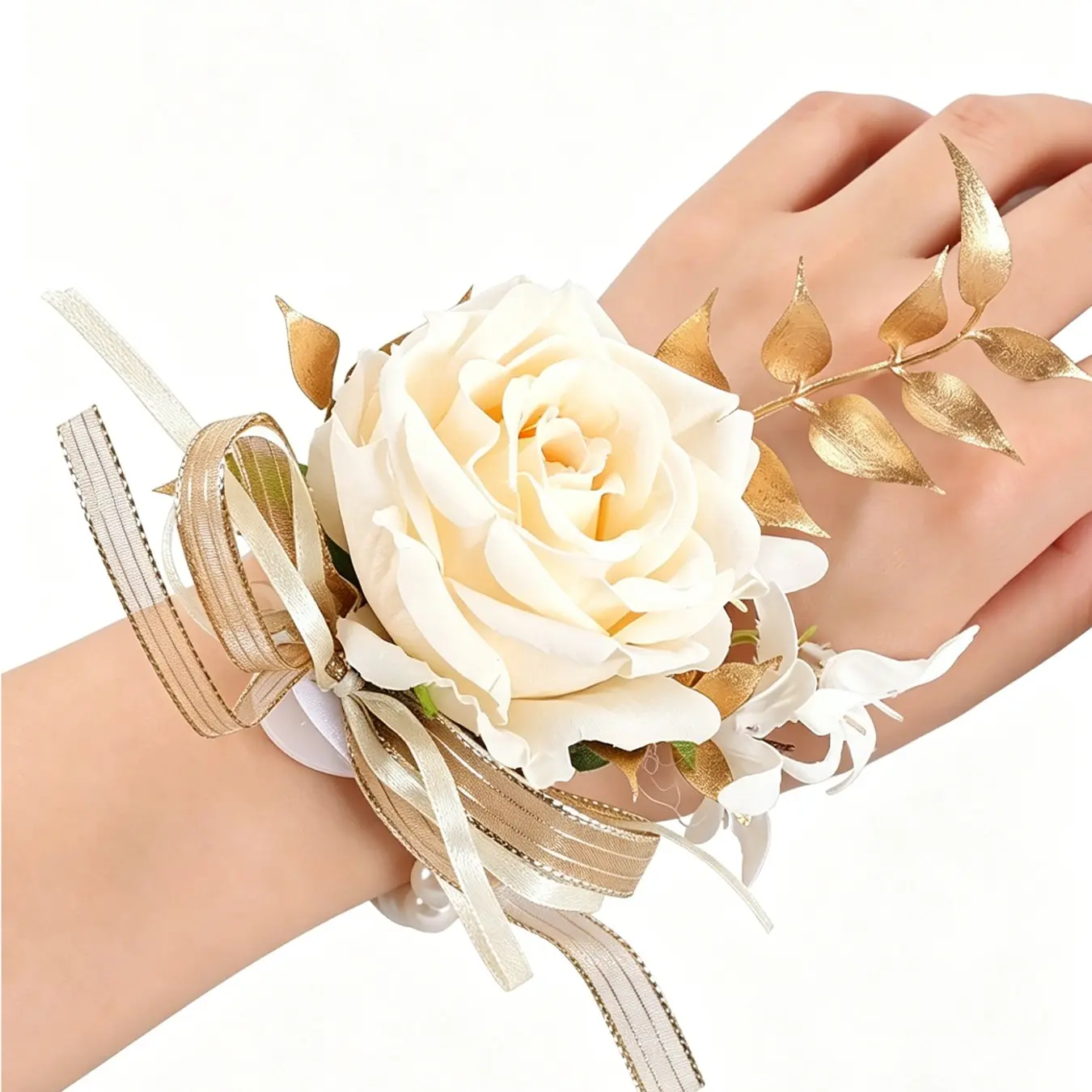 Bridal Wrist Corsage Bracelet Flower – Elegant Ivory Rose Gold Leaf Wedding Wrist Flower Corsage for Bridesmaids Prom Party Accessories