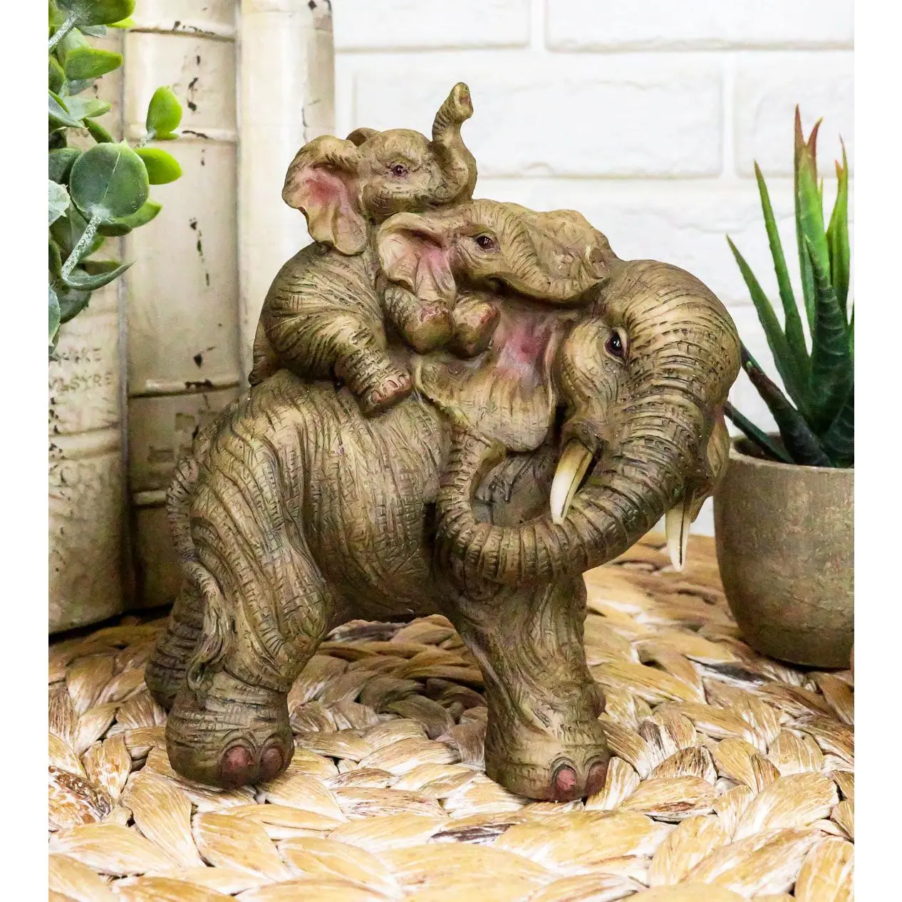 Elephant Figurines Ornaments - Small Wildlife Resin Sculptures of Father Elephant & 2 Piggyback Calves, 5.25"H Home Decor Gift