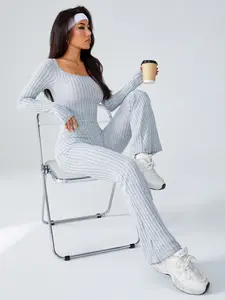 Viral Autumn Winter Light Gray Ribbed Knit Fleece - Lined Square Neck Fitted Unitard Flare Pants | Warm & Figure - Flattering for Casual, Street & Daily Wear, Womenswear