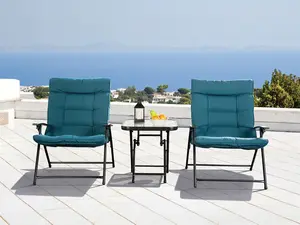 Bastia 3-Piece Conversation Set – Folding Design with Glass Tabletop, Teal Upholstery, Water & UV Resistant Fabric, Cushioned Chairs for Outdoor Comfort