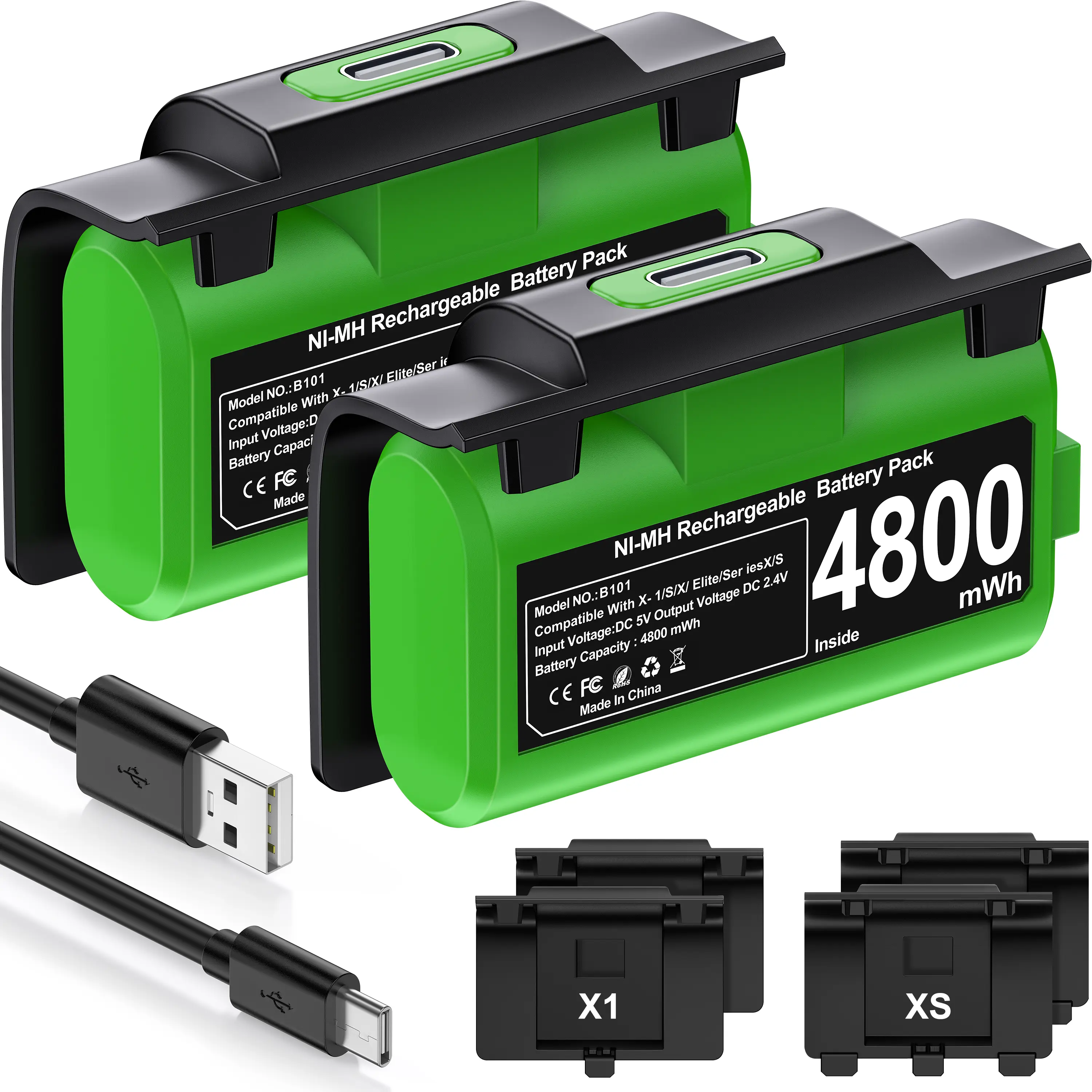Rechargeable Battery Pack for Xbox One and Xbox Series X|S Controllers with 4 Back Covers Faceplates and a USB C Cable, 2x4800mWh Fast Charging Xbox Controller Battery Play and Charge kit