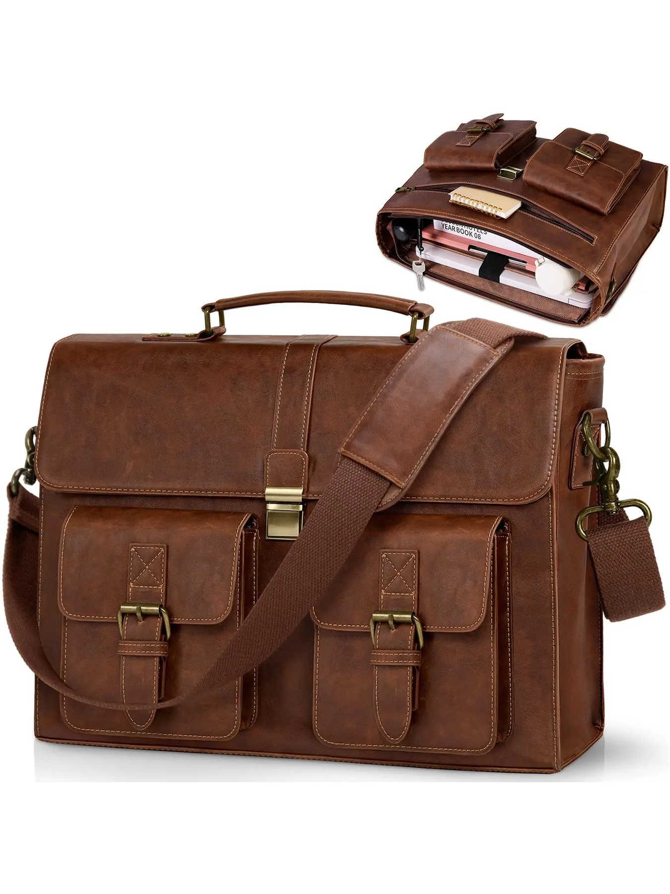 Men's Vintage PU Leather Briefcase, Large Capacity Shoulder Bag for Office Work Travel College, Waterproof Computer Laptop Bag, Men's Bag, Travel Essentials