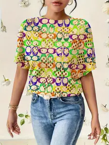 Women's Geometric Pattern Colorblock Print Round Neck Fitted Sweater, Casual Batwing Sleeve Knitwear Tops for Fall Winter, Comfortable Warm Clothing