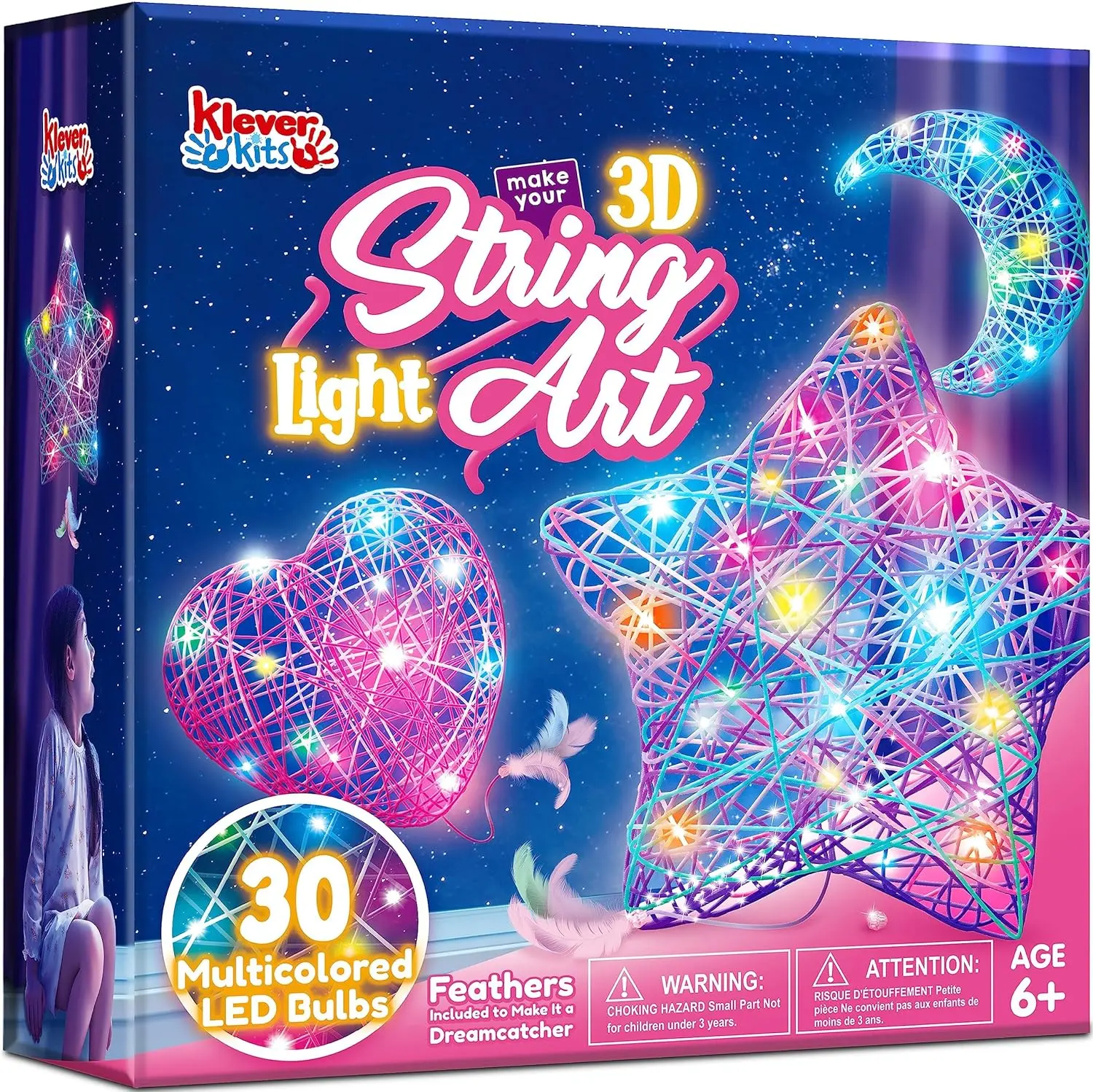 Kits 3D String Art Kit for Kids, Light Up String Light Toy with 30 Multi-Colored LED Bulbs, Arts and Crafts Set, Birthday Gifts for Girls and Boys Ages 6-12