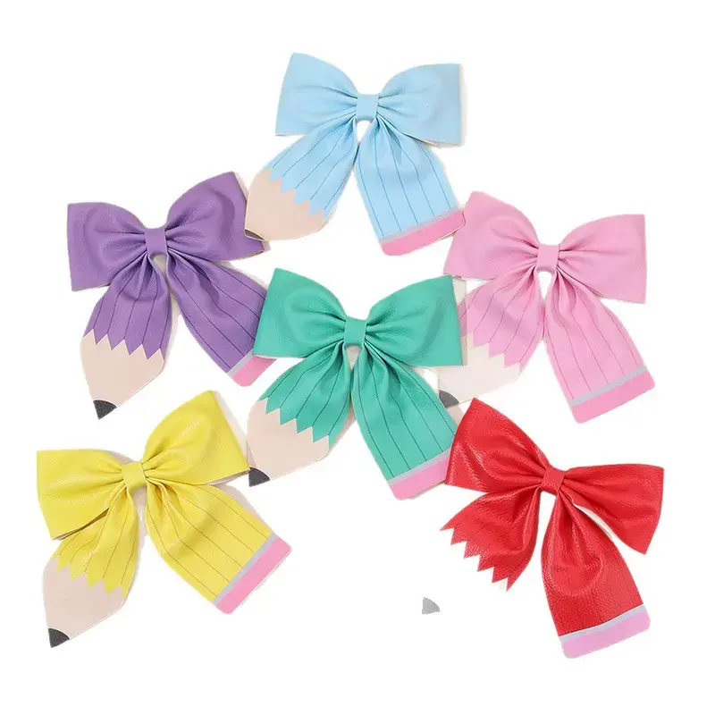 Girls' 6-Pack Pastel Pencil Bow Hair Clips - Faux Leather School-Themed Barrettes, Non-Slip 6-Color Hair Accessory Set, Colorful Picks for Classroom Outfits, Teacher Gifts, Colorful Hair Accessories