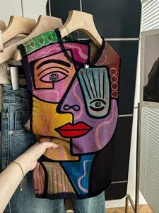 Women's Casual Loose-Fitting Round Neck Sleeveless Knit Top, Leaf Print Colorblock Design, Fall & Winter Fashion, Perfect for Outdoor Wear, Vests