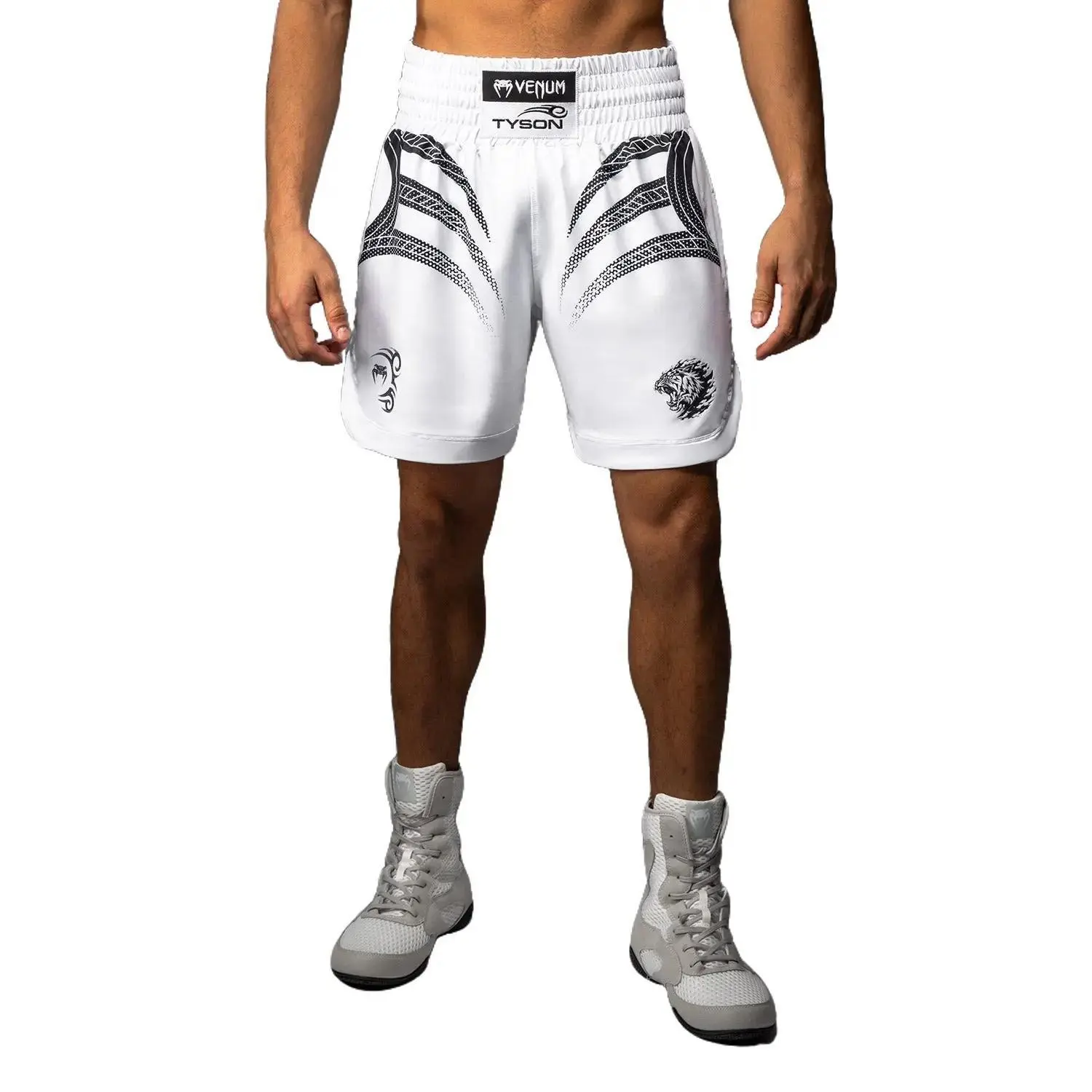 Venum x Mike Tyson Tiger Athletic Performance Boxing Shorts, Optical White-Deep Black, Graphic Fitness Shorts, Cool Sports Shorts