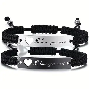 Adjustable Braided Heart Matching Couples Bracelets with Engraved "I love you more" & "I love you most" for Him & Her Perfect Gift