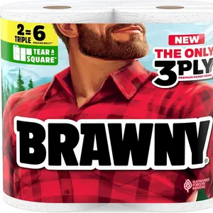 Brawny Tear-A-Square 3-Ply Paper Towels 2 Triple Rolls Equal 6 Regular Rolls Strong Absorbent Durable with 3 Sheet Sizes Quarter Half Full