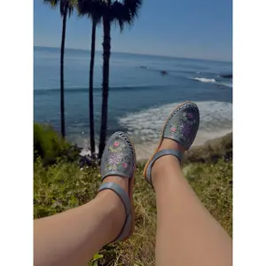 Cielo Floral Embroidered Dusty Blue Leather Huaraches