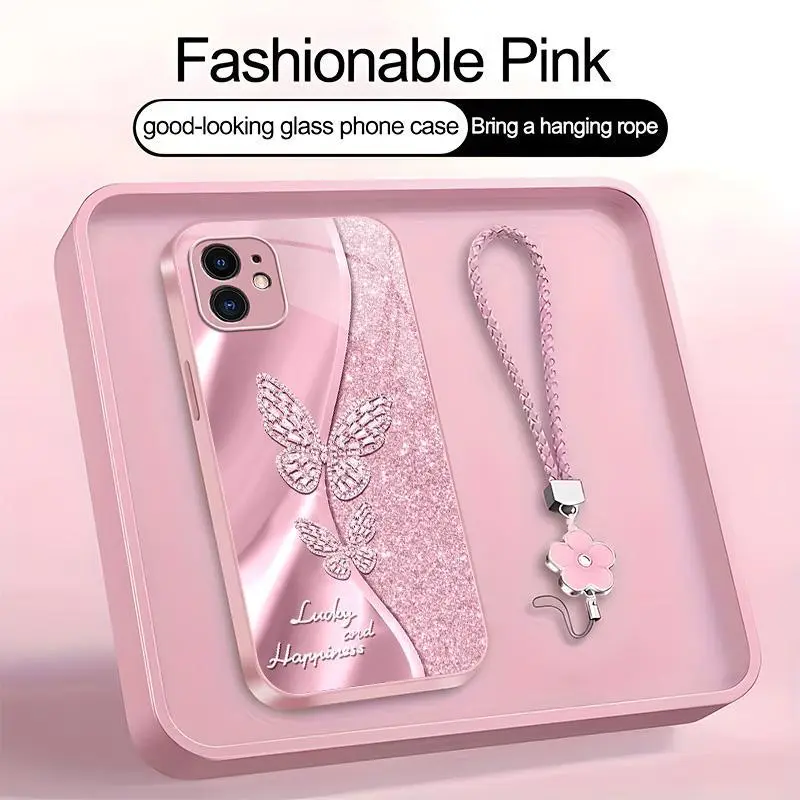 Suitable for [Galaxy S9+] high-end women's phone case🥰，a beautiful four-leaf clover lanyard is included🍀，A beautiful, sophisticated printed butterfly pattern—not sequins YM99