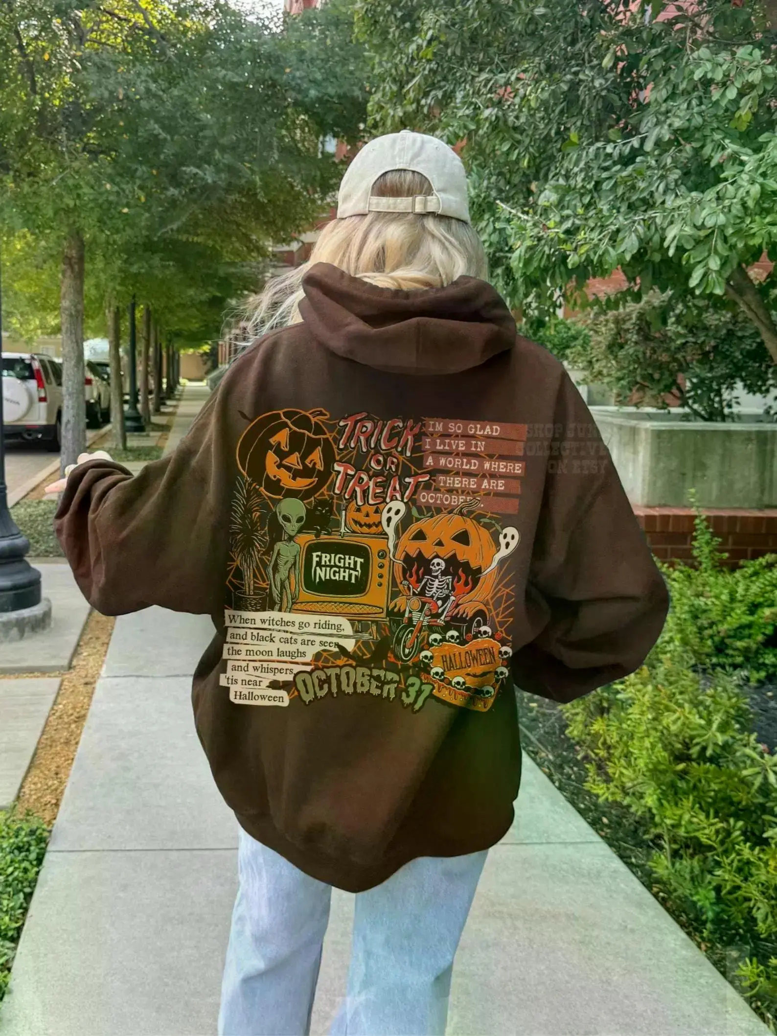 Vintage Halloween Collage Hoodie, Grunge Trick or Treat Graphic Hoodie, Ghost Pumpkin Skeleton Witchy Pullover, Spooky Fall Gift