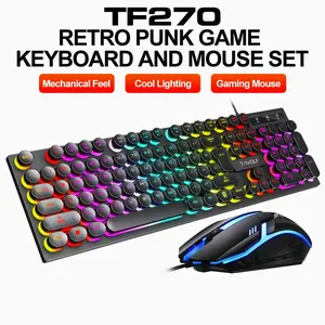 Retro Punk Wired Gaming Keyboard and Mouse Combo – RGB Backlit 104-Key Keyboard with Round Typewriter Keycaps & 3D Gaming Mouse, Mechanical Feel, Durable ABS Build, Plug-and-Play USB for PC & Laptop