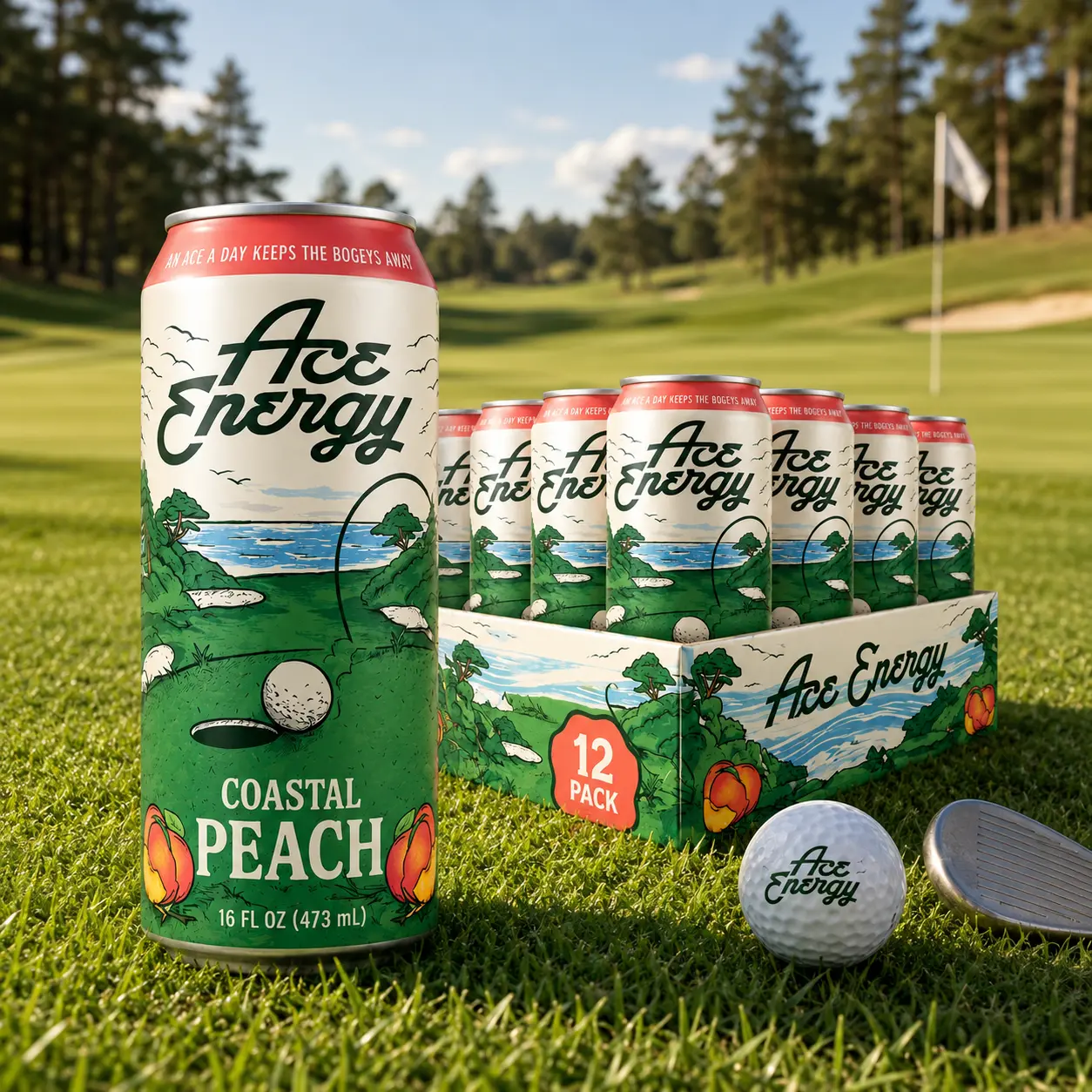 Ace Energy Drink for Golfers - Natural Caffeinated 9+ fl oz Canned Pack Sports Drink Cans, 24-Month Shelf Life for Adult Performance Enhancement