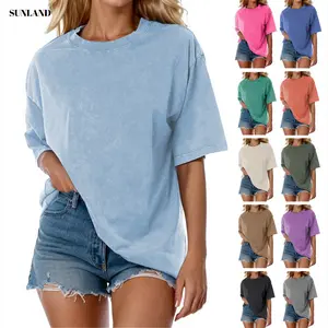 Sunland 2026 New Arrivals Oversized Women‘s Vintage Acid washed T-shirt Chew Neck Short Sleeves Summer Top Casual Loose FIt Solid Streetwear Tees Basic Womenswear Women's shirts Good Vibes Jacket