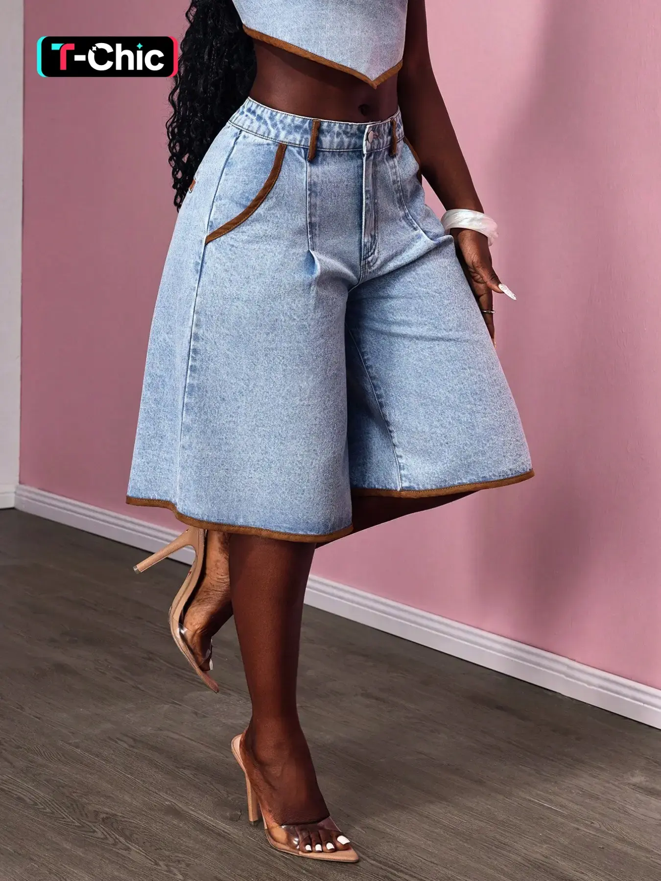 New Denim Mid-Thigh Pants Loose Casual Basic Spring Summer Everyday Wear Elastic Button Comfort Fitted Trendy Fashion Washed Craft Button Front Chic Shorts Women's Mid-Thigh Pants Shorts