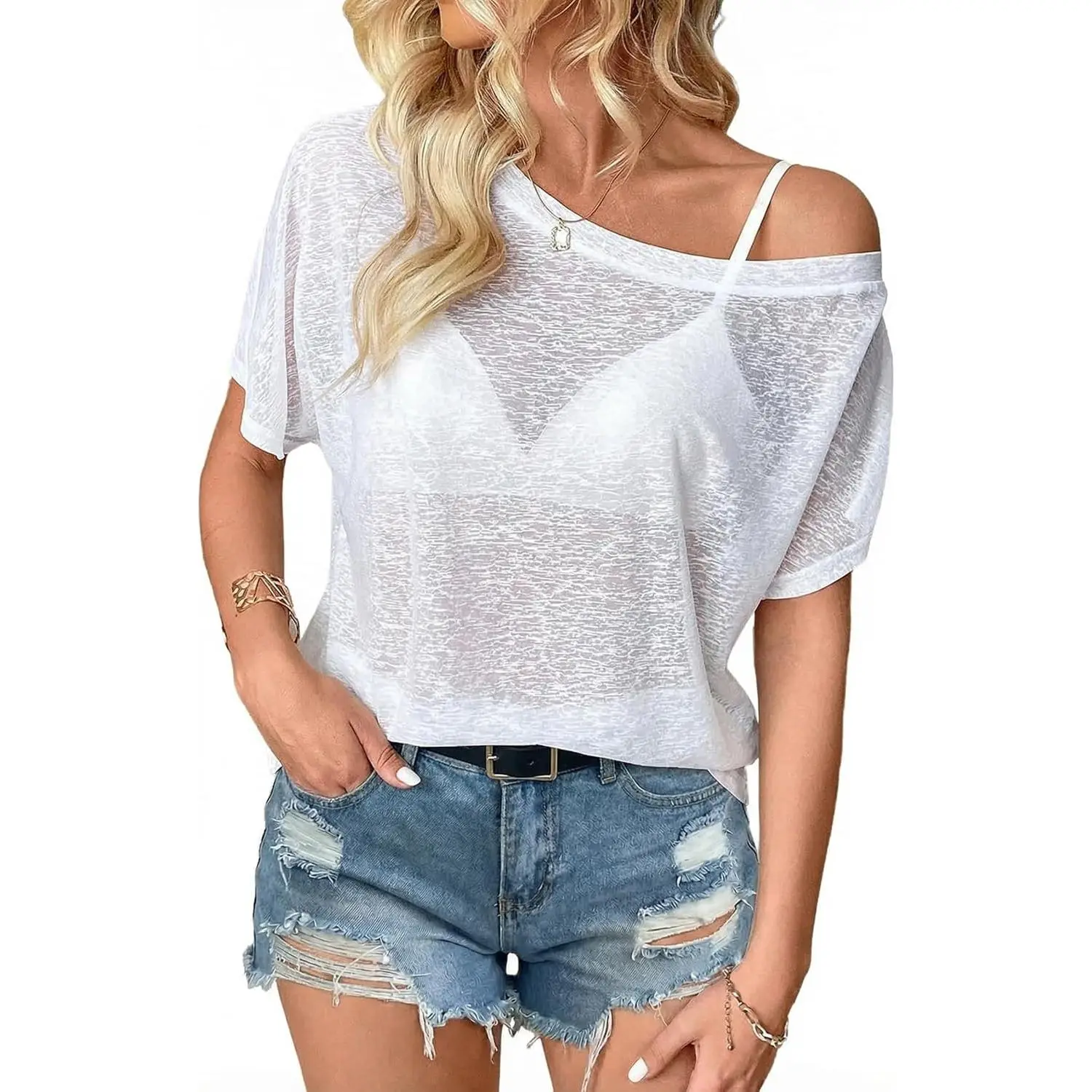 Women's Off-The-Shoulder Short-Sleeve Mesh See-Through Top, Suitable for Girls' Bikini Swimwear, Lace Workout Outfits, Girl, Tee