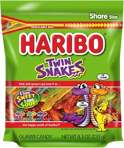 HARIBO Gummi Candy, Twin Snakes Sweet & Sour Gummy Candy, 8.3 Ounce Resealable Share Size Stand Up Bag, Soft & Chewy Snacks, Assorted Fruity Flavors
