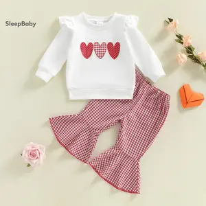 2Pcs Toddler Baby Girls Valentines Outfit Fashionable Heart Embroidery Long Sleeve Pullover with Bell Bottom Clothing Set