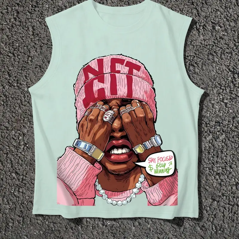 Men's Cartoon Face Print Tank Top, Loose Casual Sleeveless Round Neck Vest for Summer, Men's Top for Daily Wear, Socks, Sleeveless Tank Tops