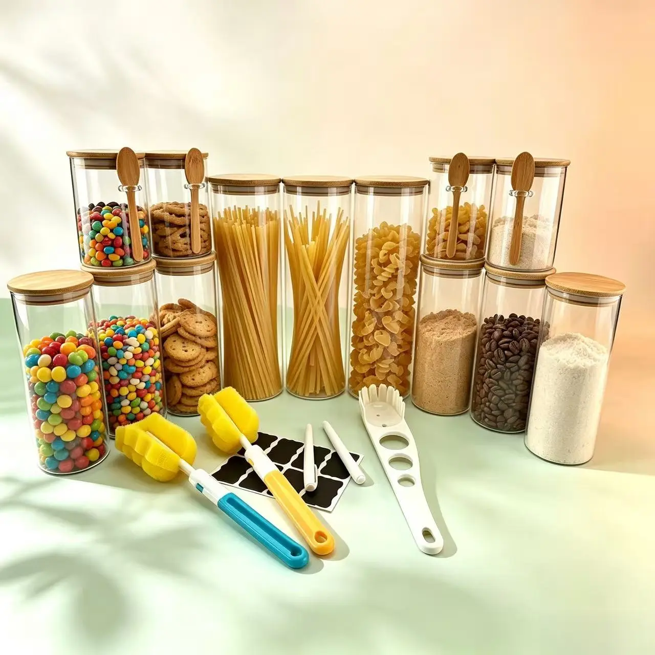 10pc Airtight Twistable Glass Storage Jars with Unbleached Bamboo Lids & Spoons - Kitchen Preserving Containers for Organizing Pantry, Pasta, Coffee, Sugar, W/ Label Stickers, Cleaning Brush, Measuring Spoon Set