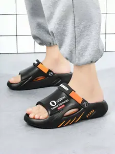 Men's Black-Orange Trendy Text-Decor Mule Sandals, Light Trendy Multi-Wear Style, English Text Decor + Color-Block Design + Techwear Platform, Eye-Catching & Multi-Scene Adaptable , Ideal for Daily Social & Leisure Styling Scenes